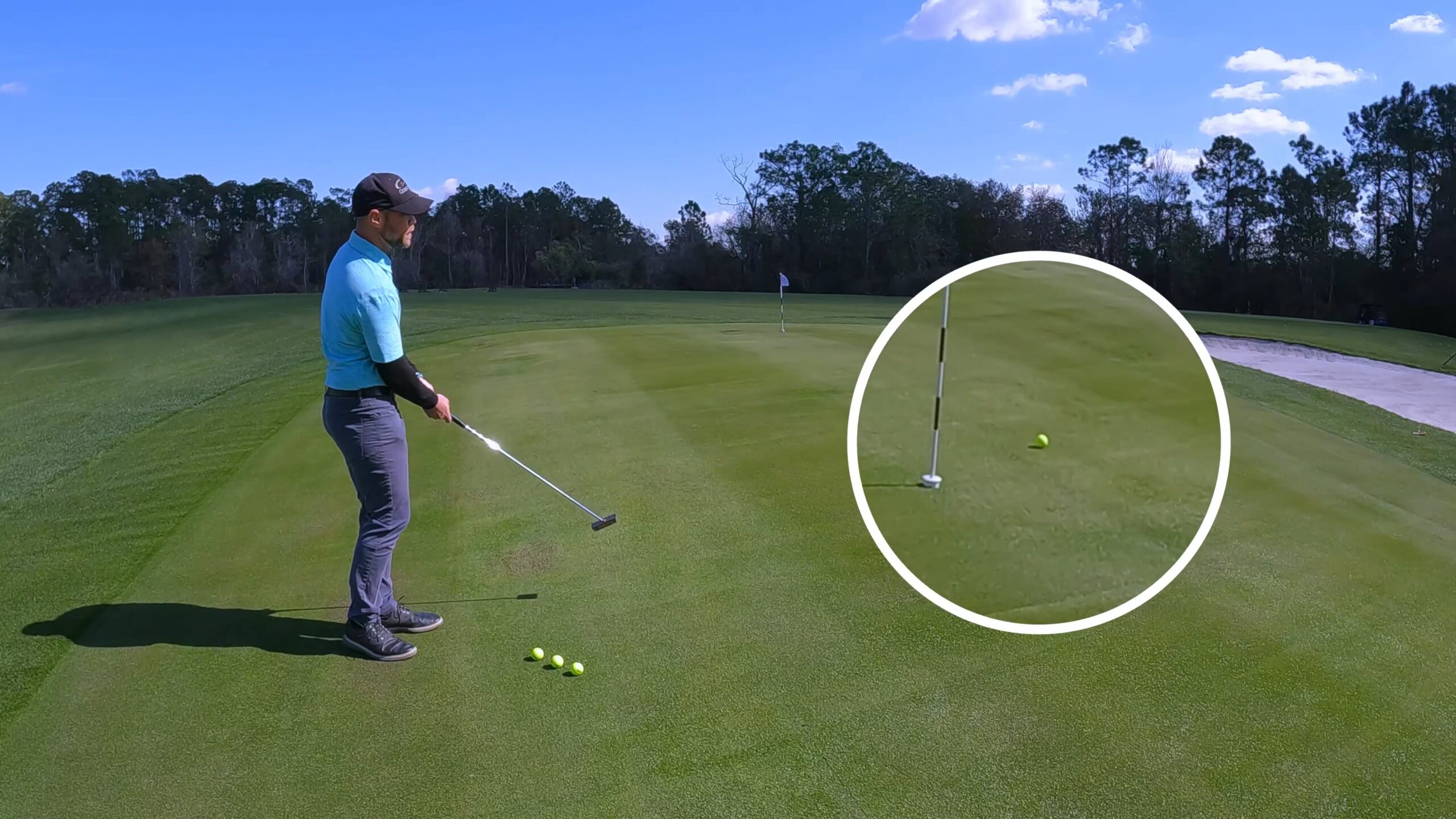 A golfer demonstrating the proper technique of putting with trap in the blade for improved accuracy and control