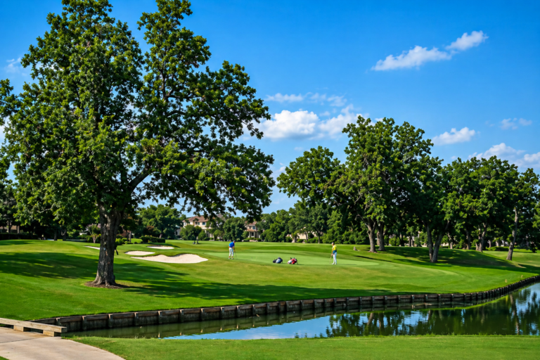 Atlanta golf school at Sugar Creek Golf Club with golfers training on green and water feature